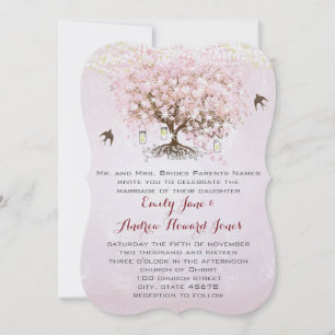Simply Pink Heart Leaf Tree Love Bird Wedding Invitation