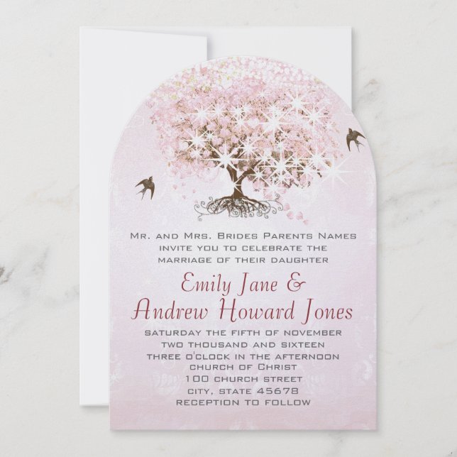 Simply Pink Heart Leaf Tree Love Bird Wedding Invitation (Front)