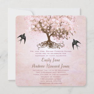 Simply Pink Heart Leaf Tree Love Bird Wedding Invitation