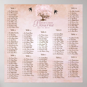 Simply Pink Heart Leaf Tree Love Bird Wedding Poster