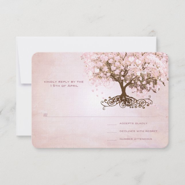 Simply Pink Heart Leaf Tree Wedding RSVP (Front)