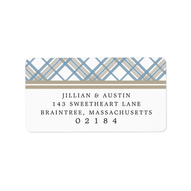 Simply Plaid Blue & Tan  Wedding Return Address Label (Front)