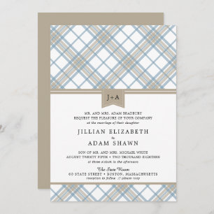 Simply Plaid Blue & Tan with Monogram Wedding Invitation