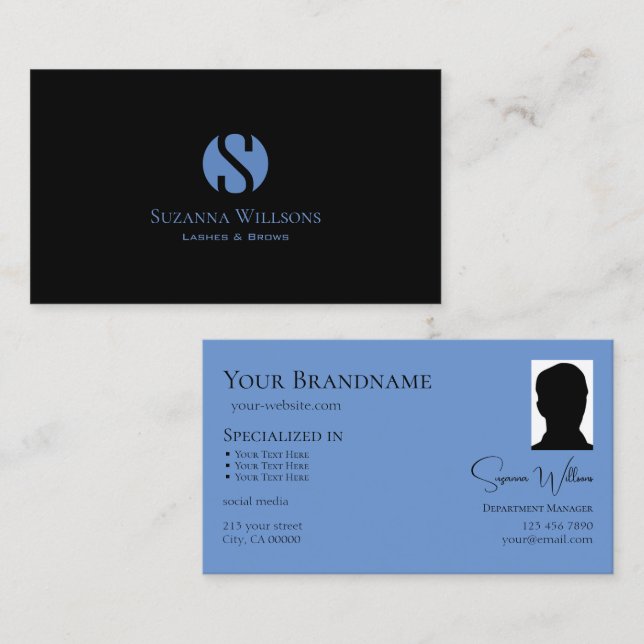 Simply Plain Black Blue with Monogram and Photo Business Card (Front/Back)