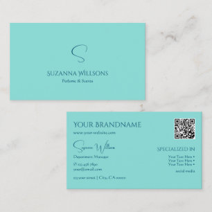 Simply Plain Teal with Monogram and QR Code Modern Business Card