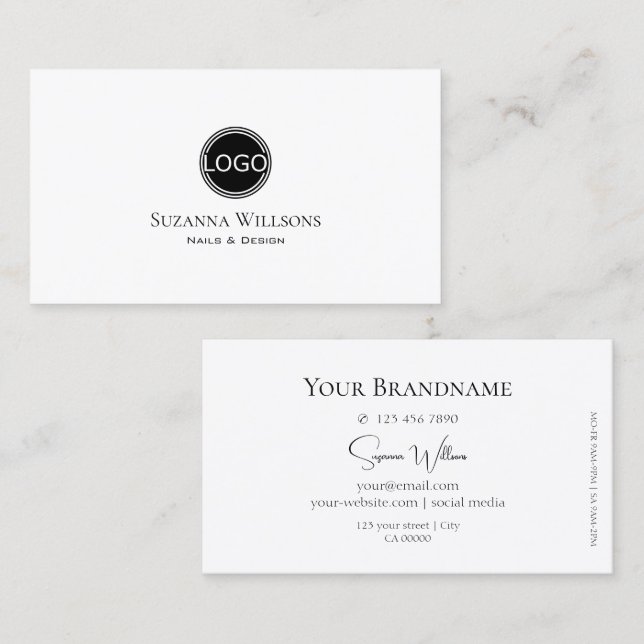 Simply Plain White with Chic Black Point and Logo  Business Card (Front/Back)