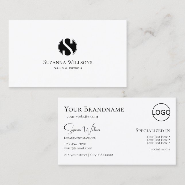 Simply Plain White with Monogram and Logo Classic Business Card (Front/Back)