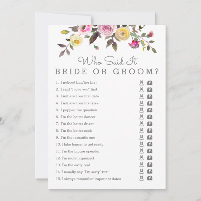Simply Pretty Bridal Shower Who Said It Game Cards (Front)