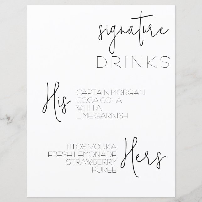 Simply Quaint Signature Bar Menu (Front)