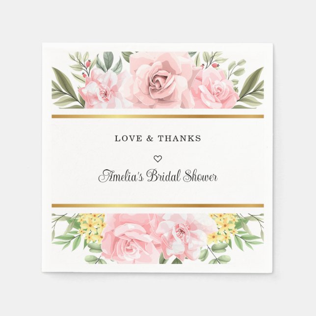 Simply Romantic Pink Rose Floral Love And Thanks Napkin (Front)