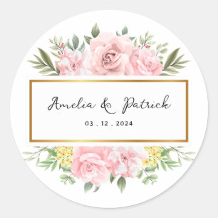 Simply Romantic Pink Rose Floral Wedding Classic Round Sticker