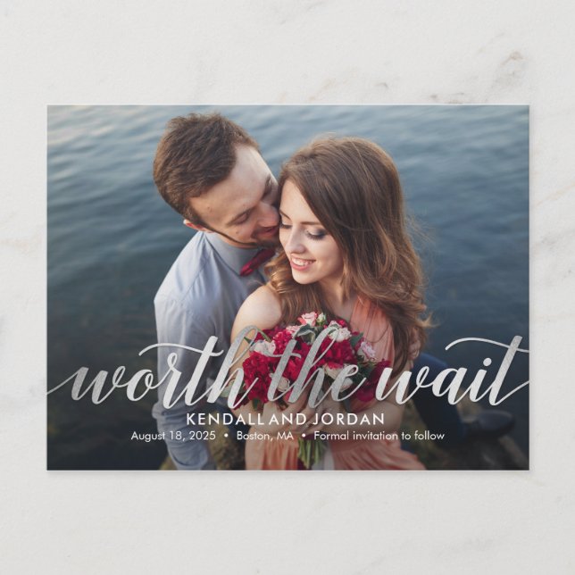 Simply Romantic Worth The Wait Save The Date Postcard (Front)