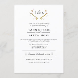 Simply Rustic Gold Antler   Elegant Wedding Invitation