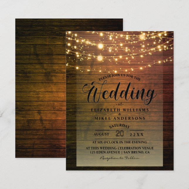 Simply Rustic Wood Dark Lights String wedding  Inv Invitation (Front/Back)