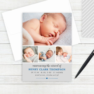 Simply Sweet Grey Baby Boy Photo Collage Birth Announcement
