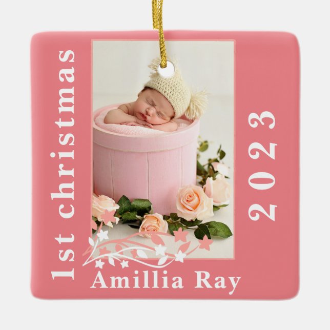 Simply Sweet Pink Baby Girl Photo  1st christmas Ceramic Ornament (Front)