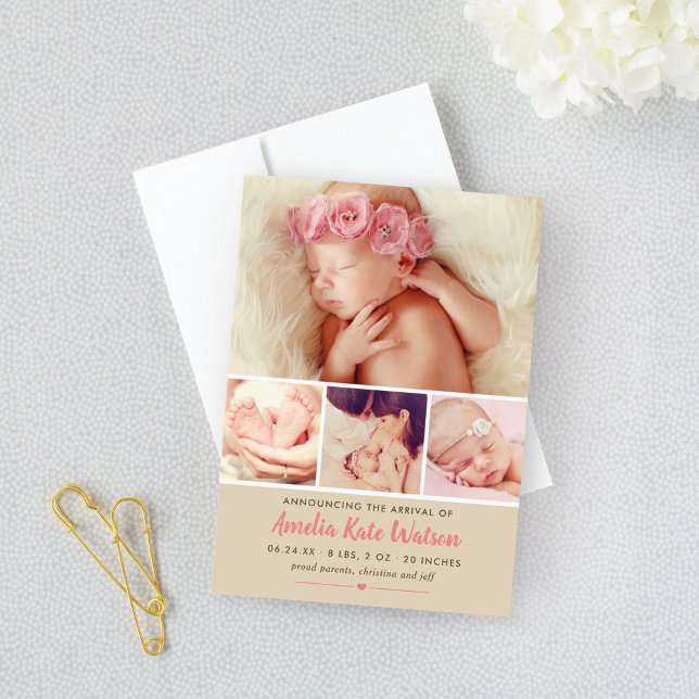 Simply Sweet Pink Baby Girl Photo Collage Birth Announcement (Creator Uploaded)