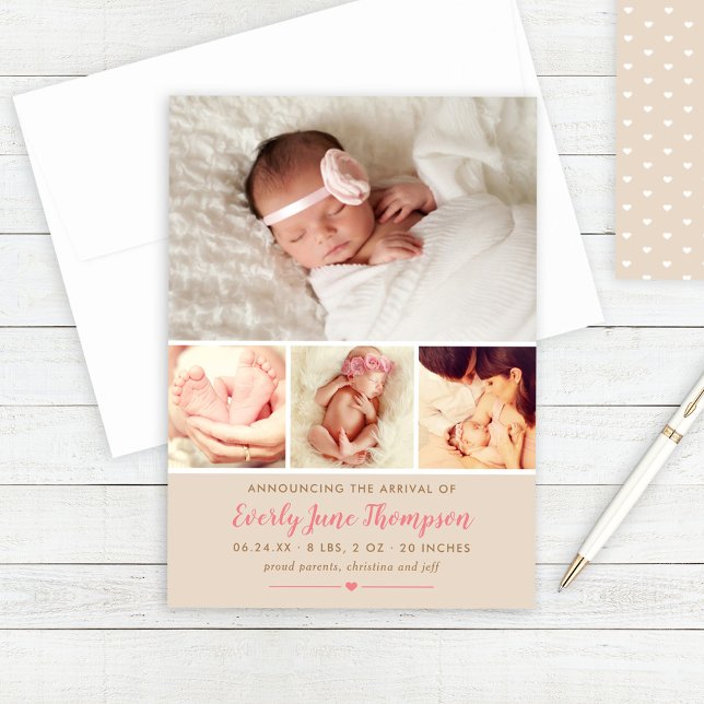 Simply Sweet Pink Baby Girl Photo Collage Birth Announcement (Creator Uploaded)