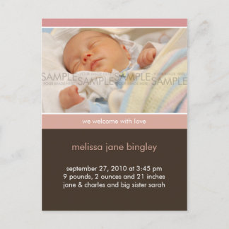 Simply You Pink/Brown • Baby Announcement Postcard