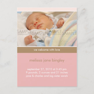 Simply You Pink/Tan • Baby Announcement Postcard