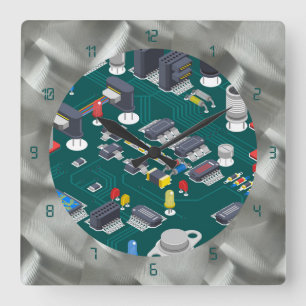 Simulated Brushed Aluminium PCB Green LED Square Wall Clock
