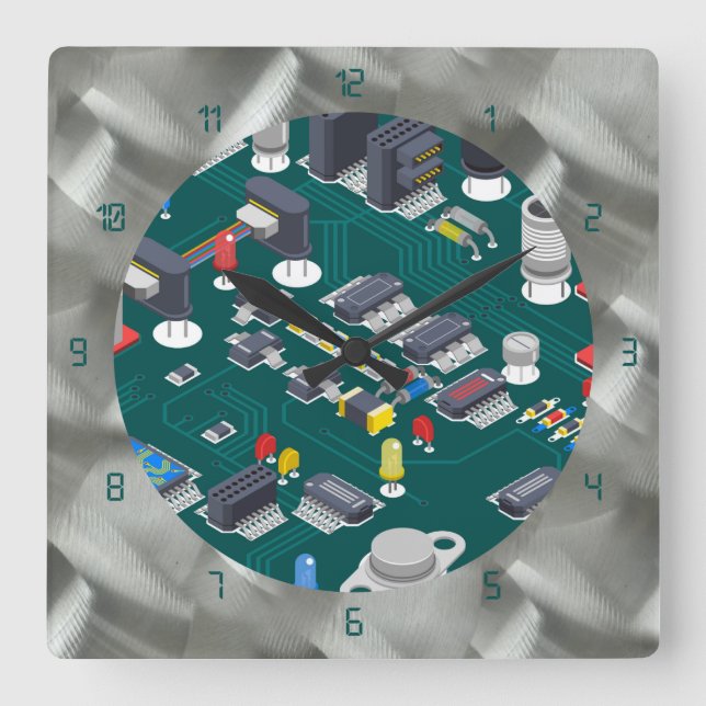 Simulated Brushed Aluminium PCB Green LED Square Wall Clock (Front)