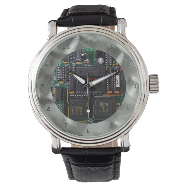 Simulated Brushed Aluminium PCB Green PCB Font Watch (Front)
