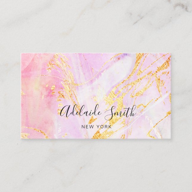 simulated foil details on pink marble business card (Front)