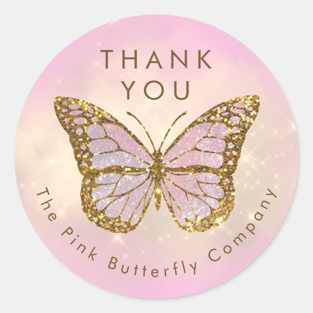 simulated glitter butterfly thank you classic round sticker (Front)