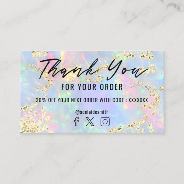 simulated glitter faux iridescent opal thank you business card (Front)