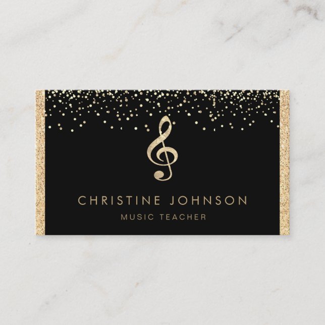 simulated gold foil music treble clef on black business card (Front)
