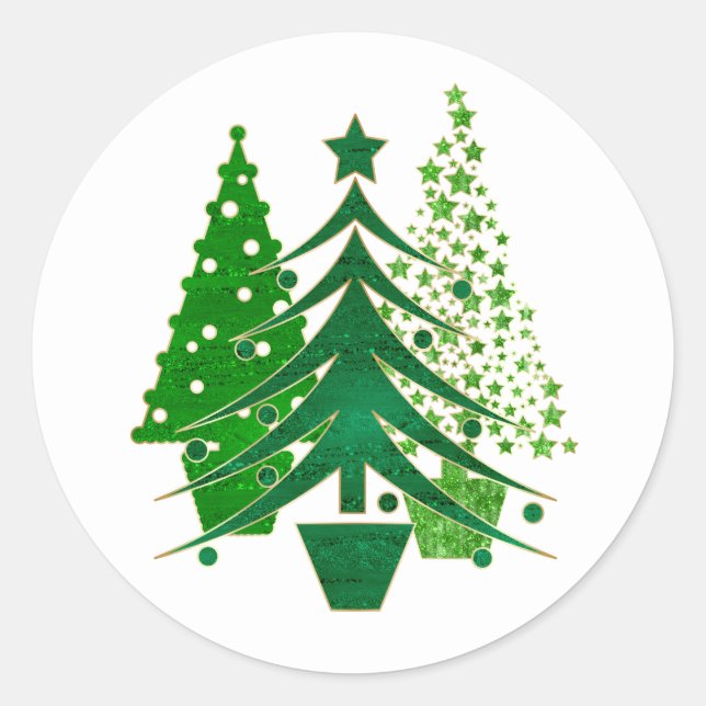 Simulated Green, Gold Foil Christmas Trees Classic Round Sticker (Front)
