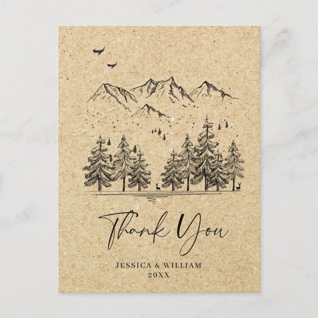 Simulated Kraft Paper Forest Mountains Thank You Postcard (Front)