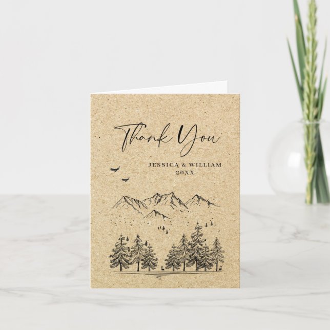 Simulated Kraft Paper Forest Mountains Wedding Thank You Card (Front)
