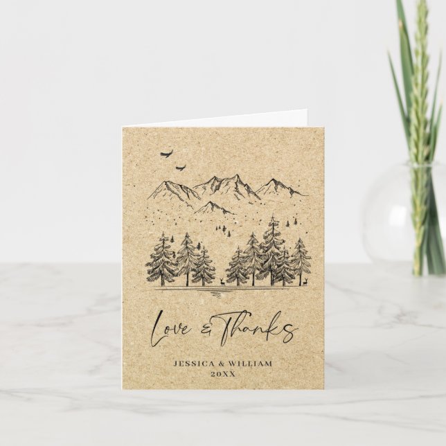 Simulated Kraft Paper Forest Mountains Wedding Thank You Card (Front)
