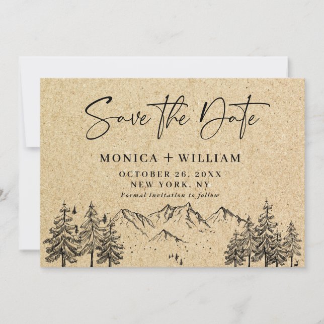 Simulated Kraft Paper Hand Drawn Mountain Wedding  Save The Date (Front)