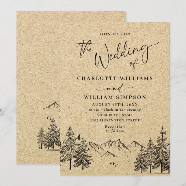 Simulated Kraft Paper Hand Drawn Mountains Wedding Invitation (Front/Back)