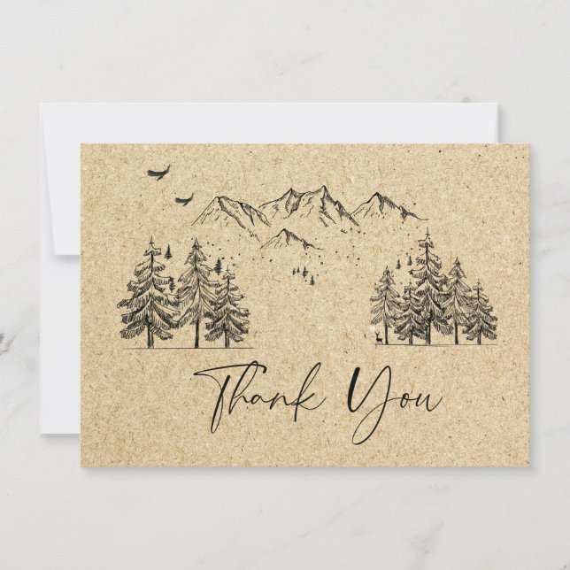 Simulated Kraft Paper Hand Drawn Mountains Wedding Thank You Card (Front)