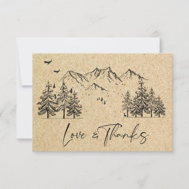 Simulated Kraft Paper Hand Drawn Mountains Wedding Thank You Card (Front)