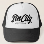 Sin City Las Vegas script typography trucker hat<br><div class="desc">Sin City Las Vegas script typography trucker hat. Custom black and white baseball cap for casual wear,  sports,  travel,  wedding,  spring break,  golf and more. Stylish hand lettering design for men and women. Available in other cool colours too.</div>