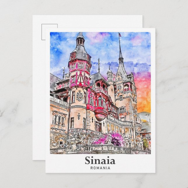 Sinaia Romania Travel Watercolor Hand Drawn Postcard (Front/Back)