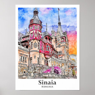 Sinaia Romania Travel Watercolor Hand Drawn Poster