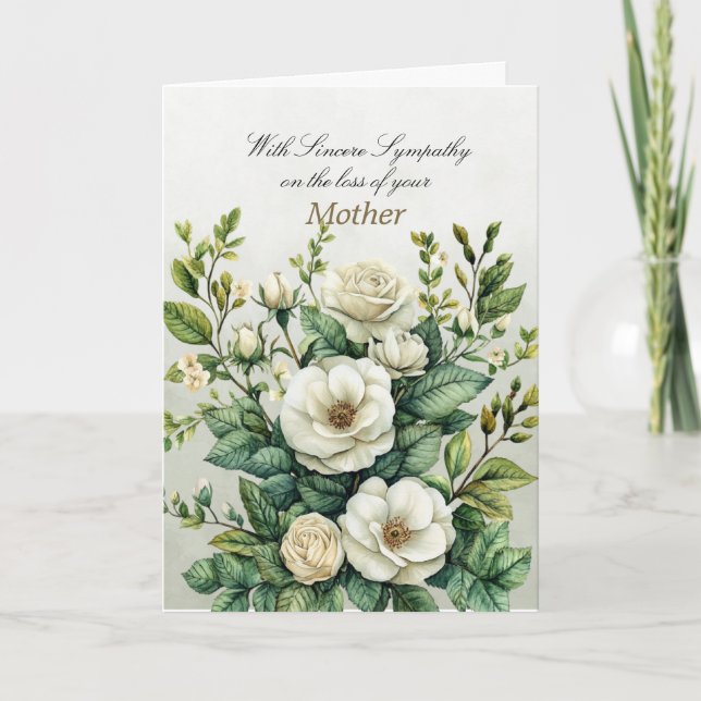 Sincere Sympathy White Green Roses Sympathy Card (Front)