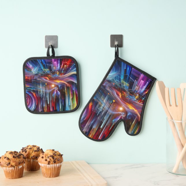 "Sinewaves Of Light" Colourful Modern Futuristic  Oven Mitt & Pot Holder Set (Insitu(Hanging))
