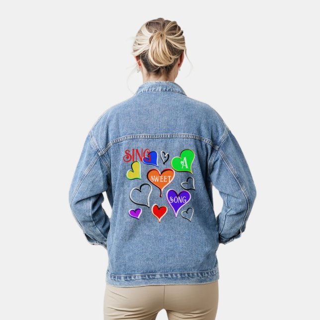 Sing a Song Colourful Hearts Red Orange Green Denim Jacket (Model)