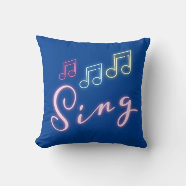 Sing Neon Music Notes on Blue Cushion (Front)