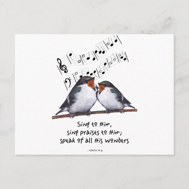 Sing Praise To God: Two Birds, Music Notes, Art Postcard (Front)