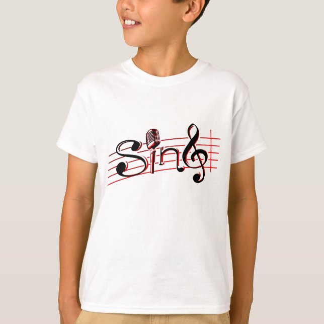 Sing retro mic kids white red and black logo tee (Front)
