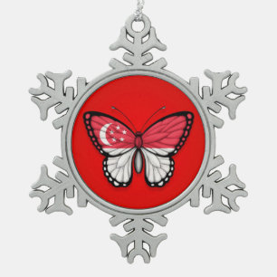 Singapore Butterfly Flag on Red Snowflake Pewter Christmas Ornament