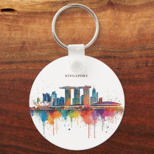 Singapore city retro watercolor Skyline Key Ring